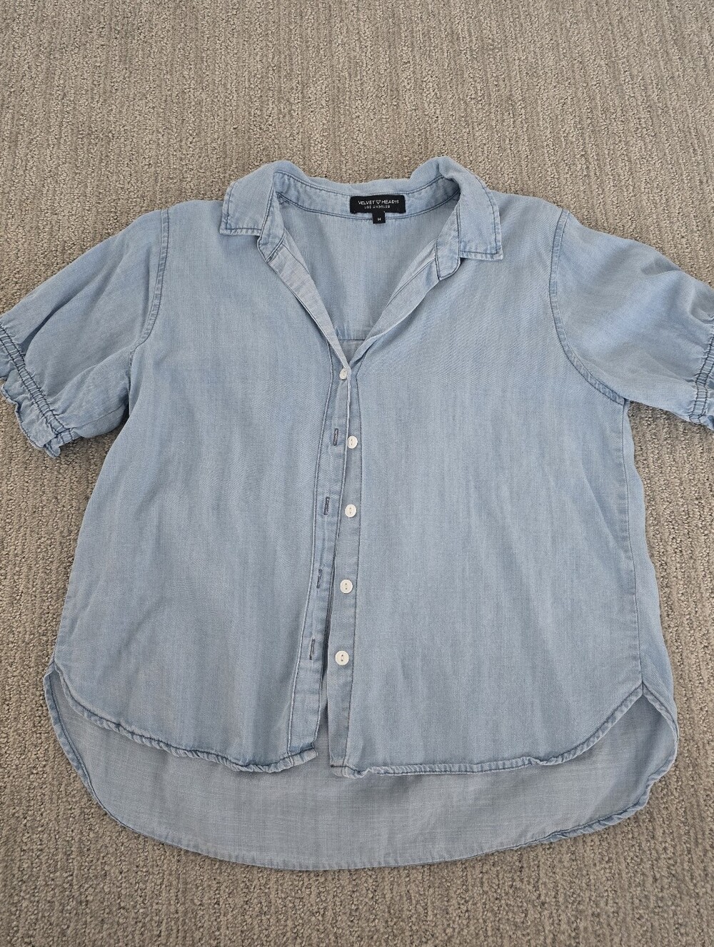 Velvet Heart Chambray Button Front Linen Blend Top Ruffled Sleeves